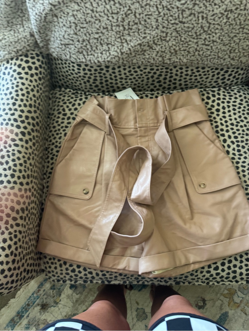 Karlie High-Waist Faux Leather Cargo Shorts in Tan